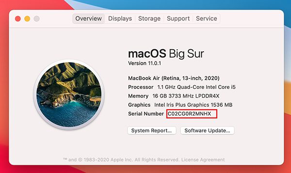 Dãy số Serial của MacBook nằm trong mục Overview